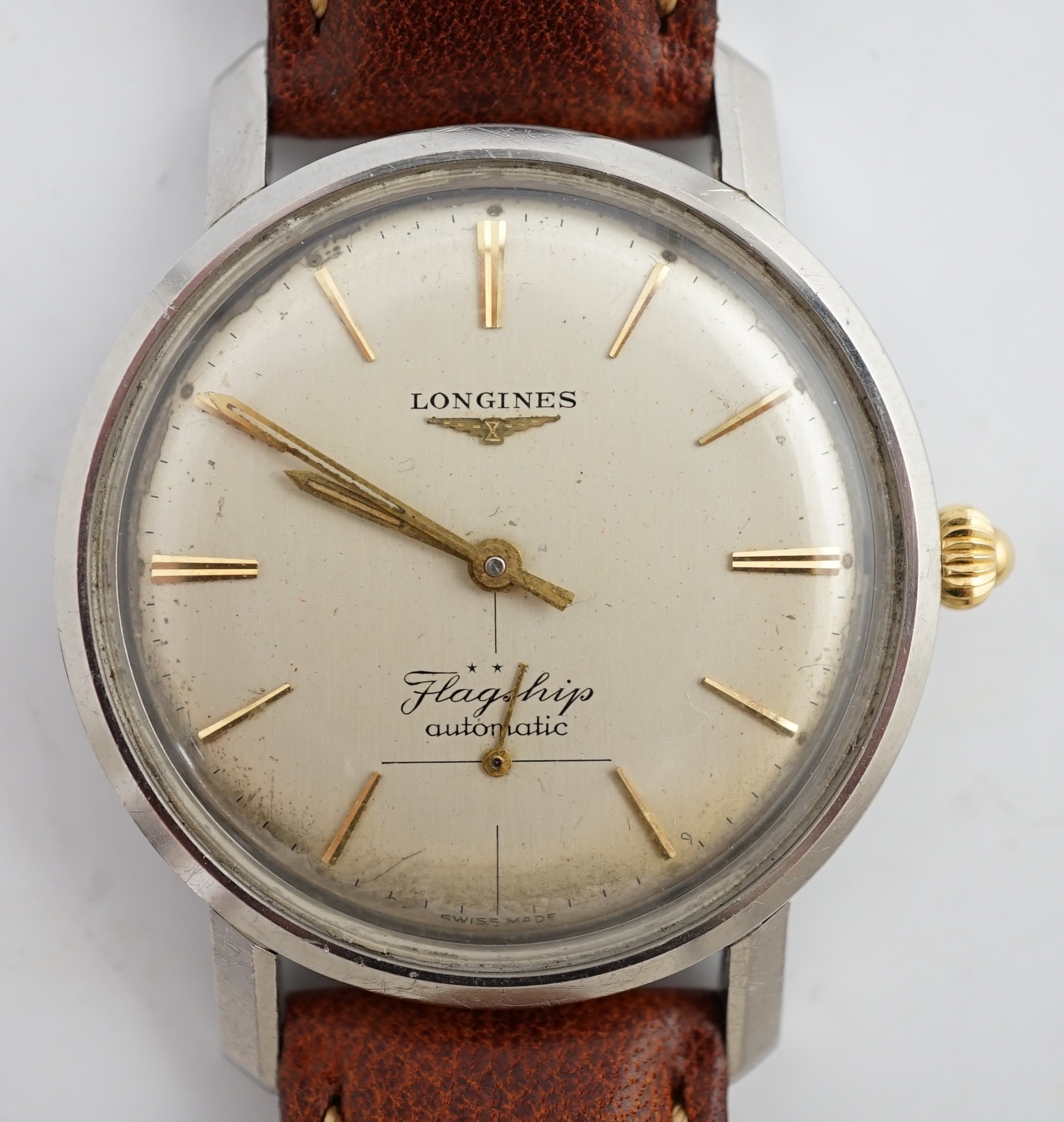 A gentleman's stainless steel Longines Flagship automatic wrist watch, on a later associated leather strap